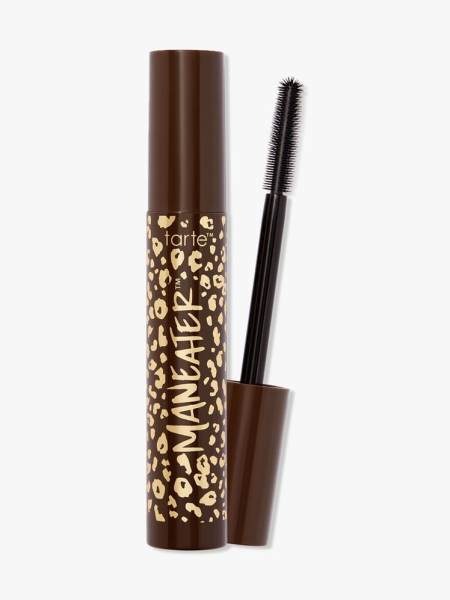 Tarte Maneater Mascara in Brown brown and gold tube of mascara on light gray background
