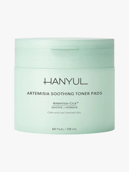 Hanyul Artemisia Soothing Toner Pads in branded tub component on a light gray background