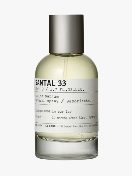 Le Labo Santal 33 Eau de Parfum in branded component on a light gray background